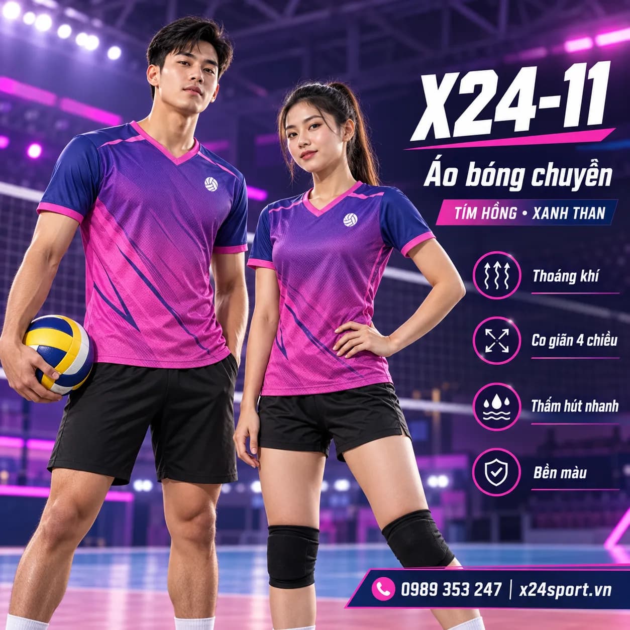 Đồng phục bóng chuyền X24-11 màu tím hồng phối xanh than – nổi bật và năng động