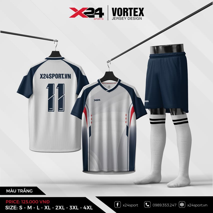 Áo Bóng Đá Không Logo Màu Trắng Xanh Navy VORTEX