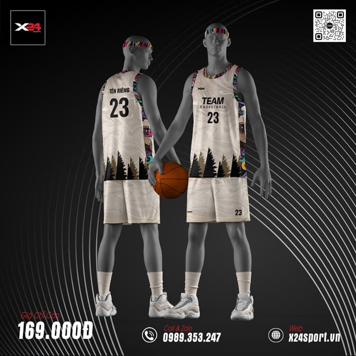 Đồng phục bóng rổ màu be họa tiết rừng thông – NBA Style cá tính