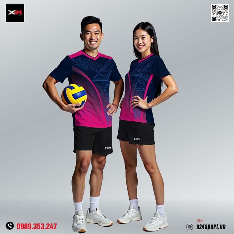 Áo thể thao bóng chuyền phối xanh navy – hồng tím thời trang hiện đại