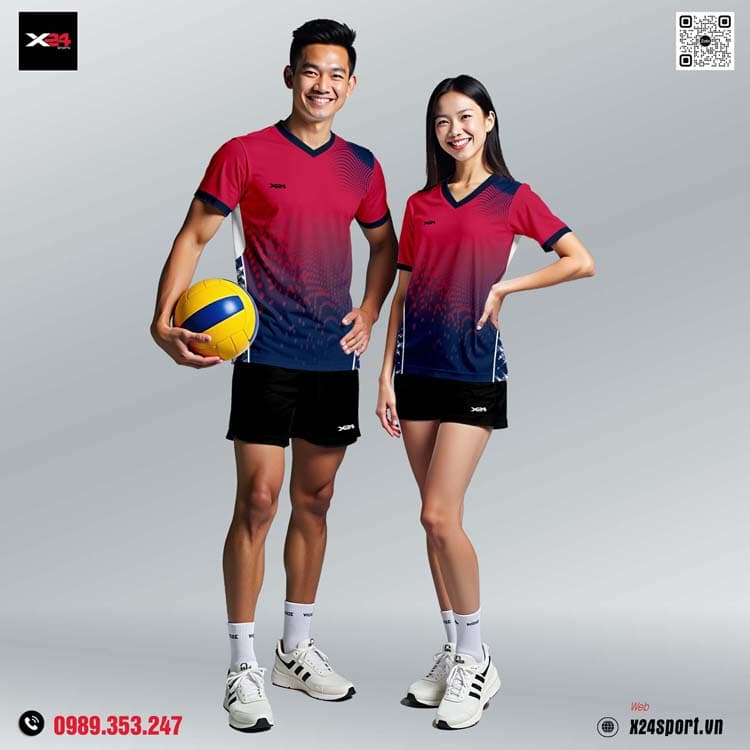 Áo thể thao cặp nam nữ đỏ đô – xanh navy phối màu gradient nổi bật