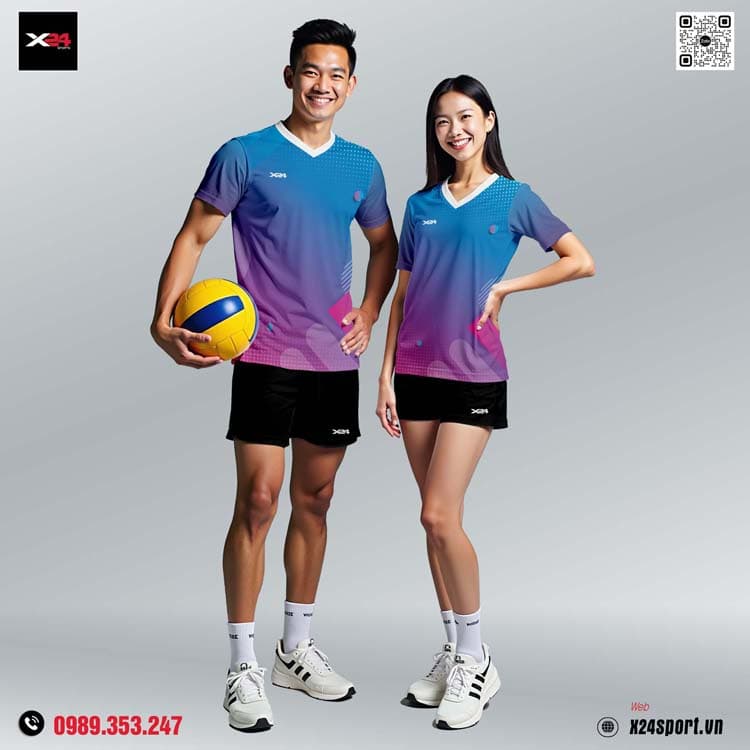 Áo Thun Thể Thao Cặp Đôi Màu Gradient Xanh Dương – Tím Hồng