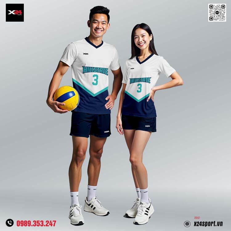 Đồng phục bóng chuyền Hillstate phối trắng – xanh navy hiện đại
