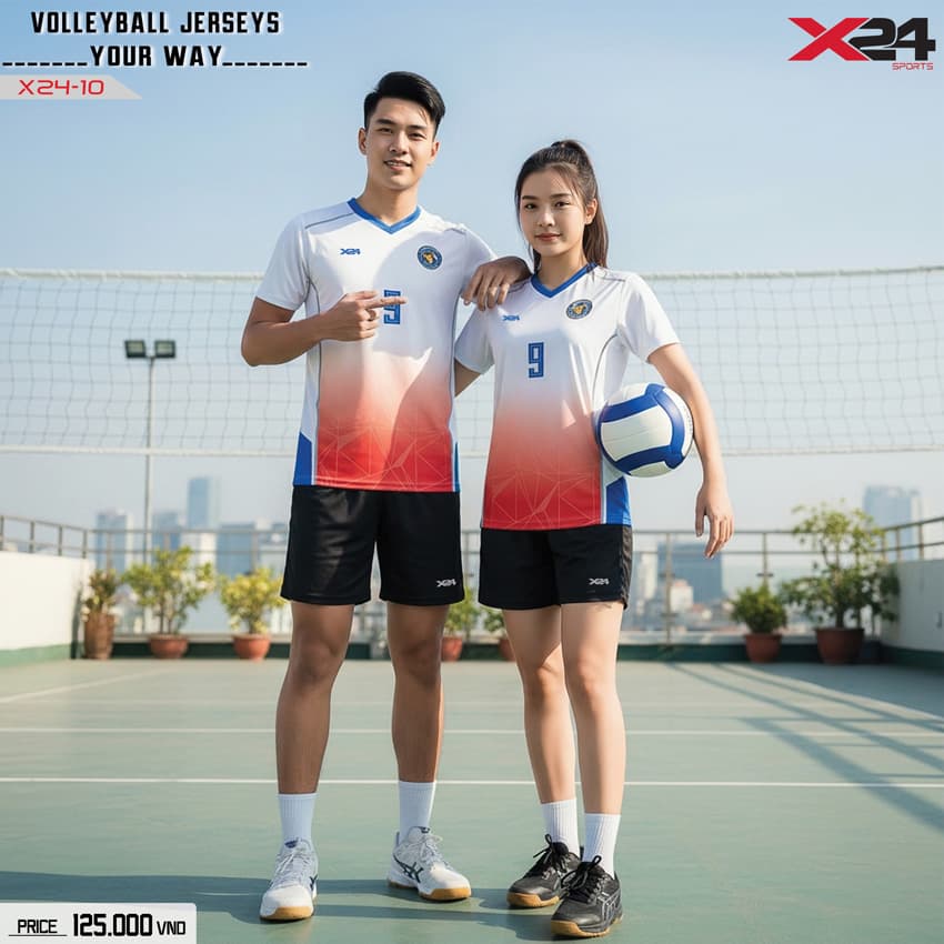 Áo bóng chuyền X24-10 trắng đỏ ombré phối xanh – Thiết kế thể thao năng động cho nam nữ