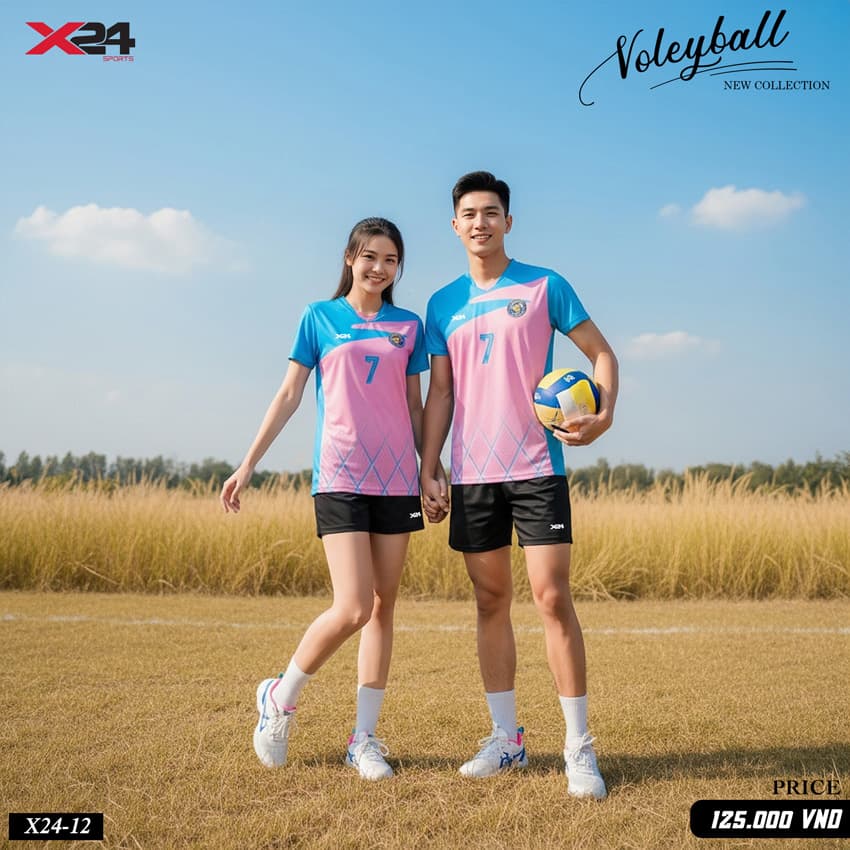 Áo bóng chuyền X24-12 – Hồng Pastel phối Cyan tươi trẻ