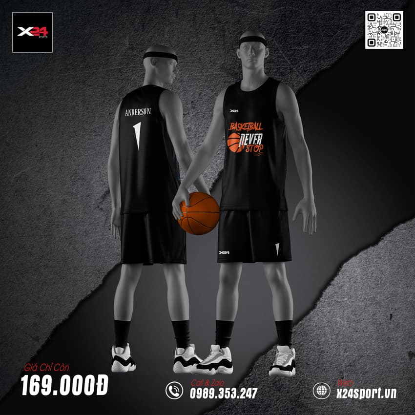 Bộ Quần Áo Bóng Rổ Đen Cam – BASKETBALL NEVER STOP | X24 Sport
