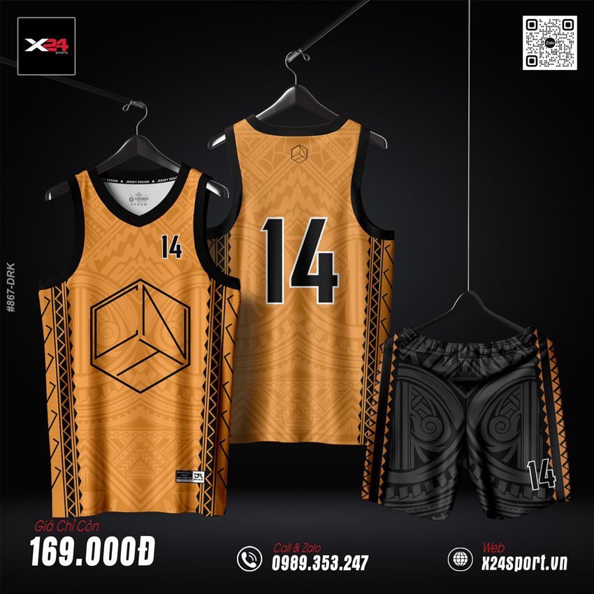 Áo bóng rổ nam màu cam cháy vàng, thiết kế tribal X24 Sport