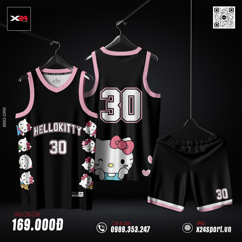 Áo bóng rổ Hello Kitty thiết kế màu đen phối hồng pastel unisex, thời trang thể thao đáng yêu