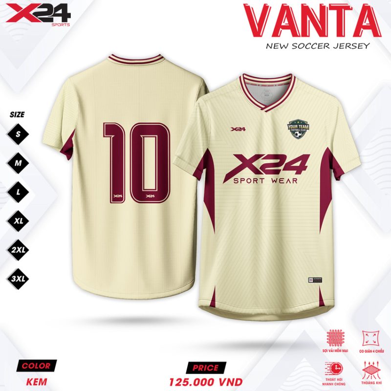 Áo bóng đá X24 VANTA kem đỏ đô – Thiết kế thanh lịch, chất vải mượt mà