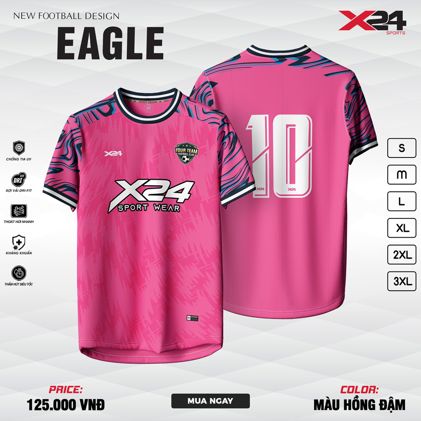 Áo bóng đá X24 Sports EAGLE màu hồng đậm phá cách, chất liệu DRI-FIT thoát khí