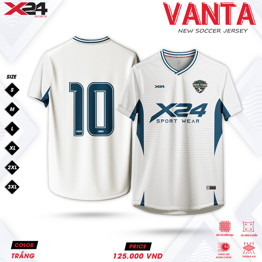 Áo đấu thể thao VANTA trắng phối xanh – X24 SPORT WEAR