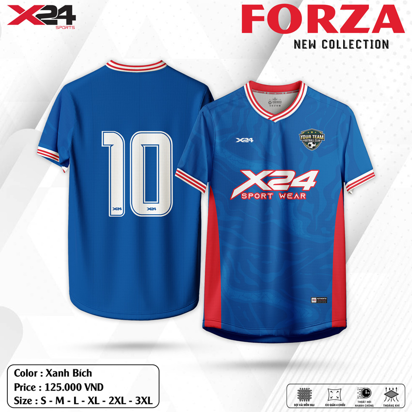 Áo thể thao X24 Forza xanh bích phối đỏ trắng cho team building và luyện tập