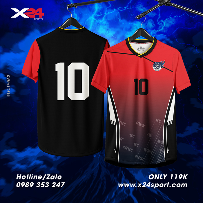 Áo Bóng Đá X24 SPORT Đỏ Đen Trắng Viền Vàng - Thiết Kế Gradient Cá Tính
