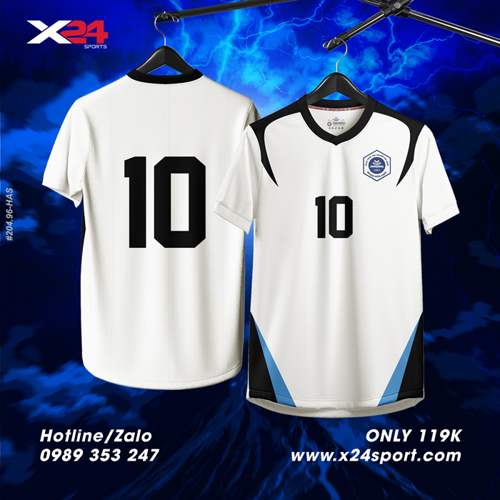 Áo bóng đá trắng phối đen xanh pastel – Thiết kế thể thao hiện đại từ X24 Sport