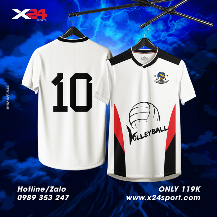 Áo bóng chuyền thiết kế trắng đen điểm đỏ - Mẫu Basic cá tính thể thao