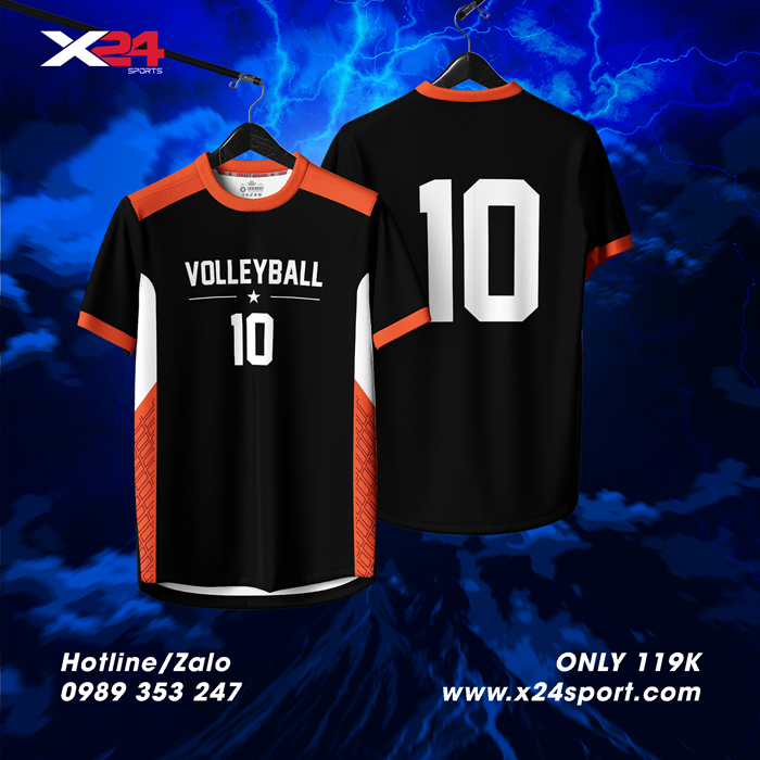 Áo Bóng Chuyền Thiết Kế Màu Đen Cam Trắng – Thoáng Mát, Mạnh Mẽ, Chuẩn Thi Đấu