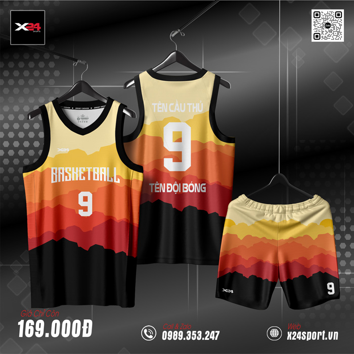 Đồng phục bóng rổ phối màu hoàng hôn – Đen Đỏ Vàng Cam