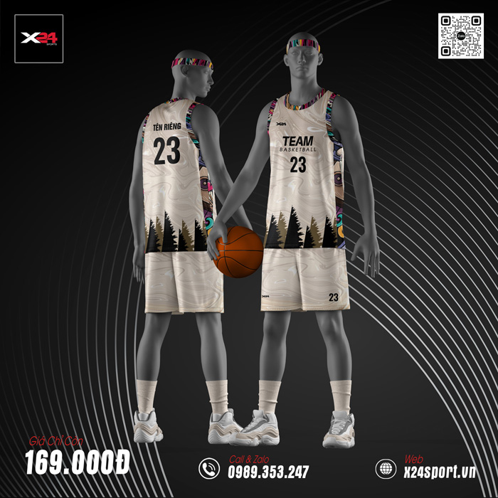 Đồng phục bóng rổ màu be họa tiết rừng thông - NBA Style cá tính