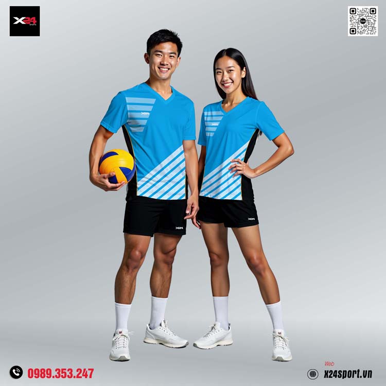 Áo thể thao unisex xanh dương phối trắng – Thiết kế cổ V thoáng mát