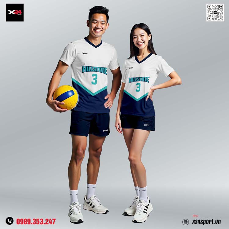 Đồng phục bóng chuyền Hillstate phối trắng - xanh navy hiện đại