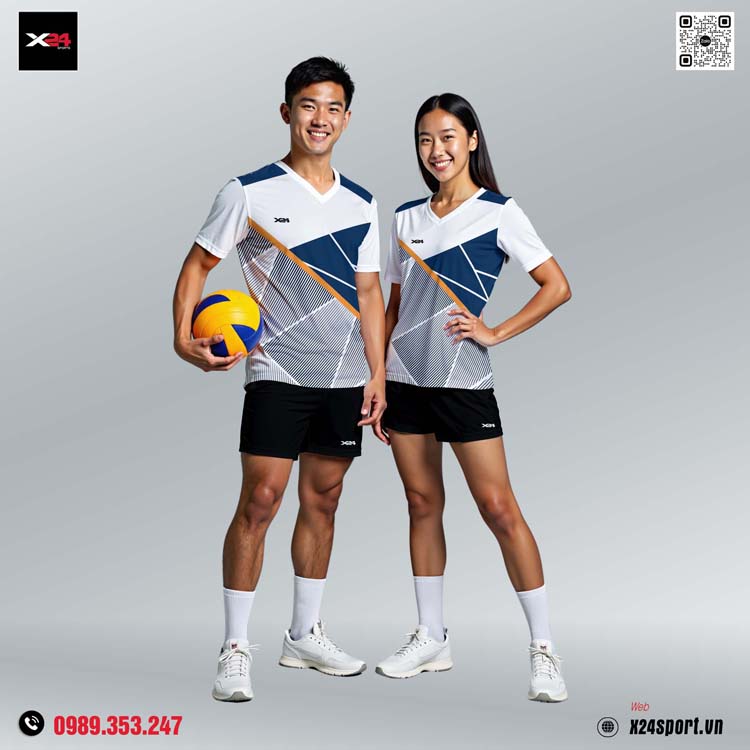 Áo đồng phục thể thao trắng phối xanh navy cam năng động