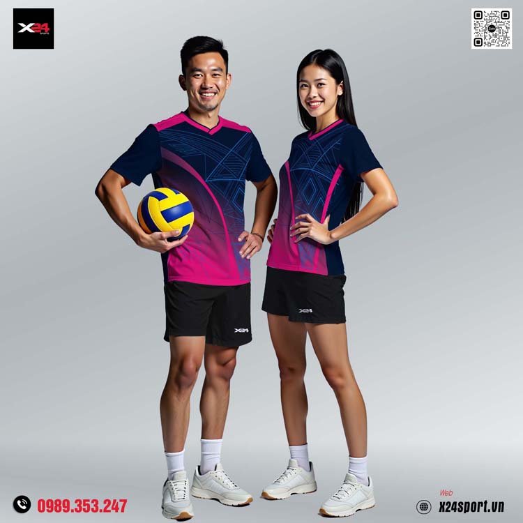 Áo thể thao bóng chuyền phối xanh navy - hồng tím thời trang hiện đại