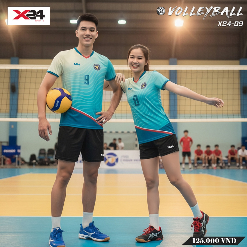 Áo bóng chuyền X24-09 xanh ngọc phối xanh dương có sọc cam nổi bật
