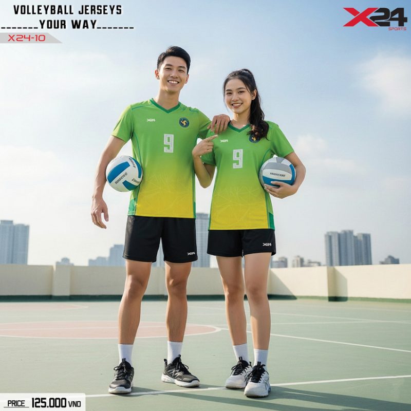Áo bóng chuyền X24-10 – Xanh lá phối vàng thể thao nổi bật