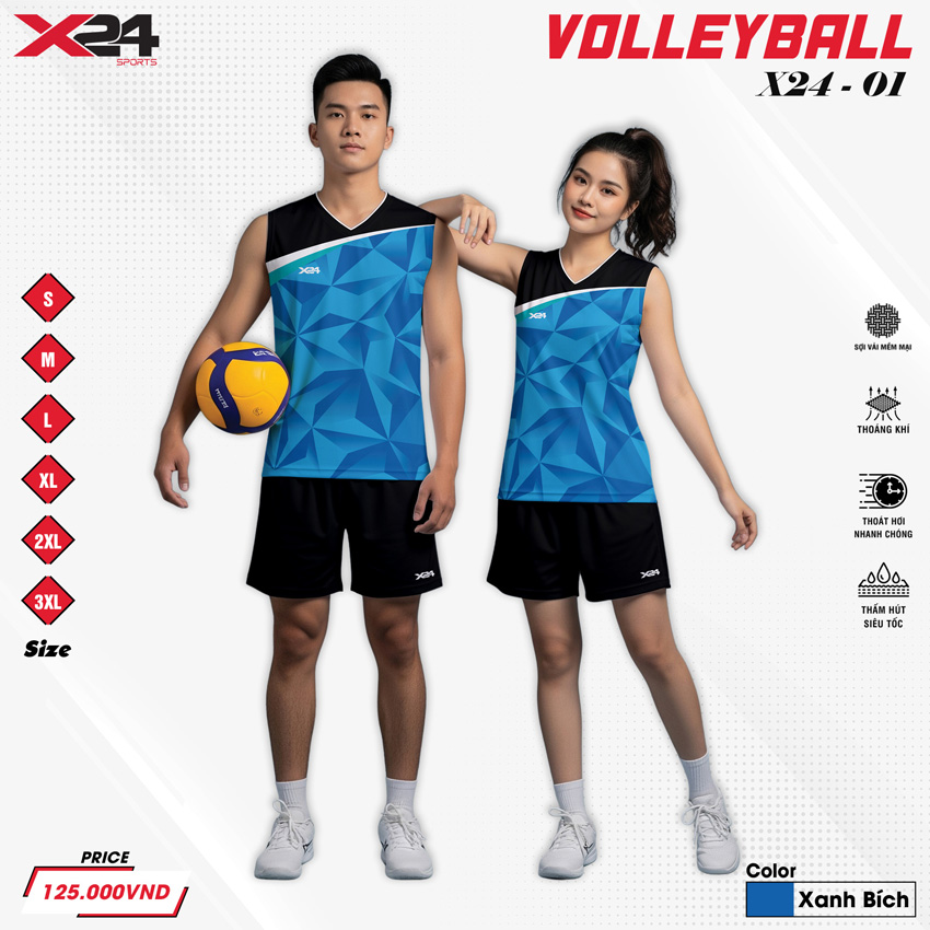 Áo bóng chuyền unisex xanh bích phối đen thời trang thể thao