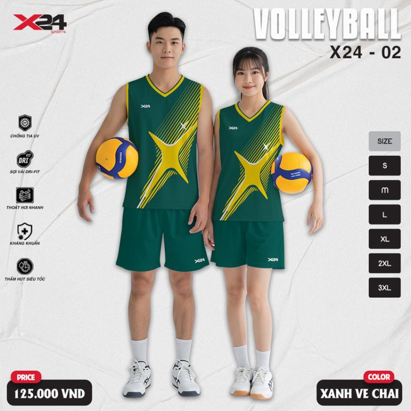 Đồng phục bóng chuyền X24-02 màu Xanh ve chai – Đậm chất thể thao, nổi bật mọi trận đấu