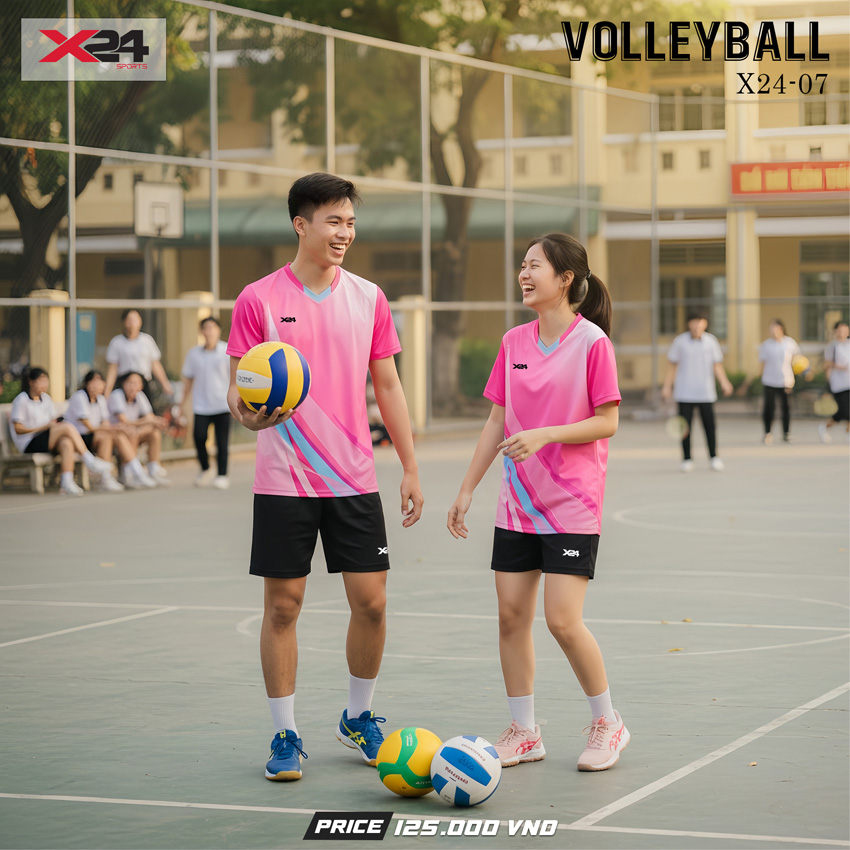 Áo bóng chuyền màu hồng tươi thiết kế unisex, hiện đại, vải thể thao co giãn tốt