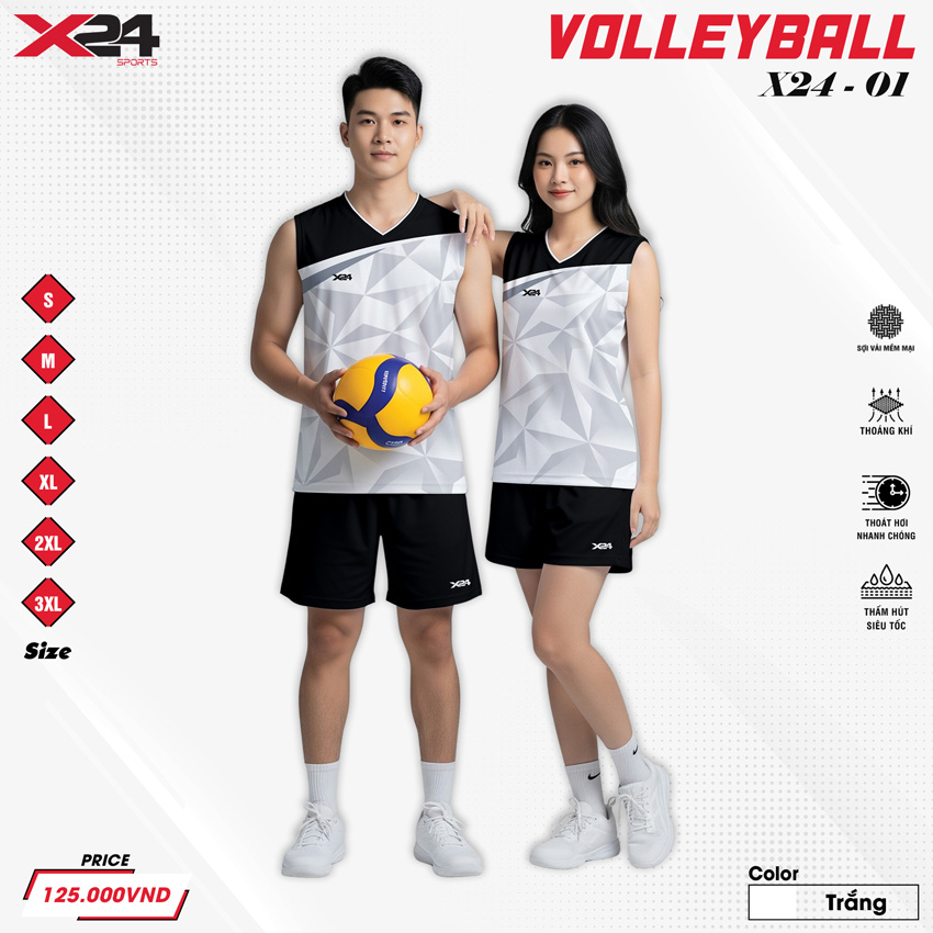 Đồng phục bóng chuyền X24-01 màu trắng thiết kế không tay phong cách chuyên nghiệp
