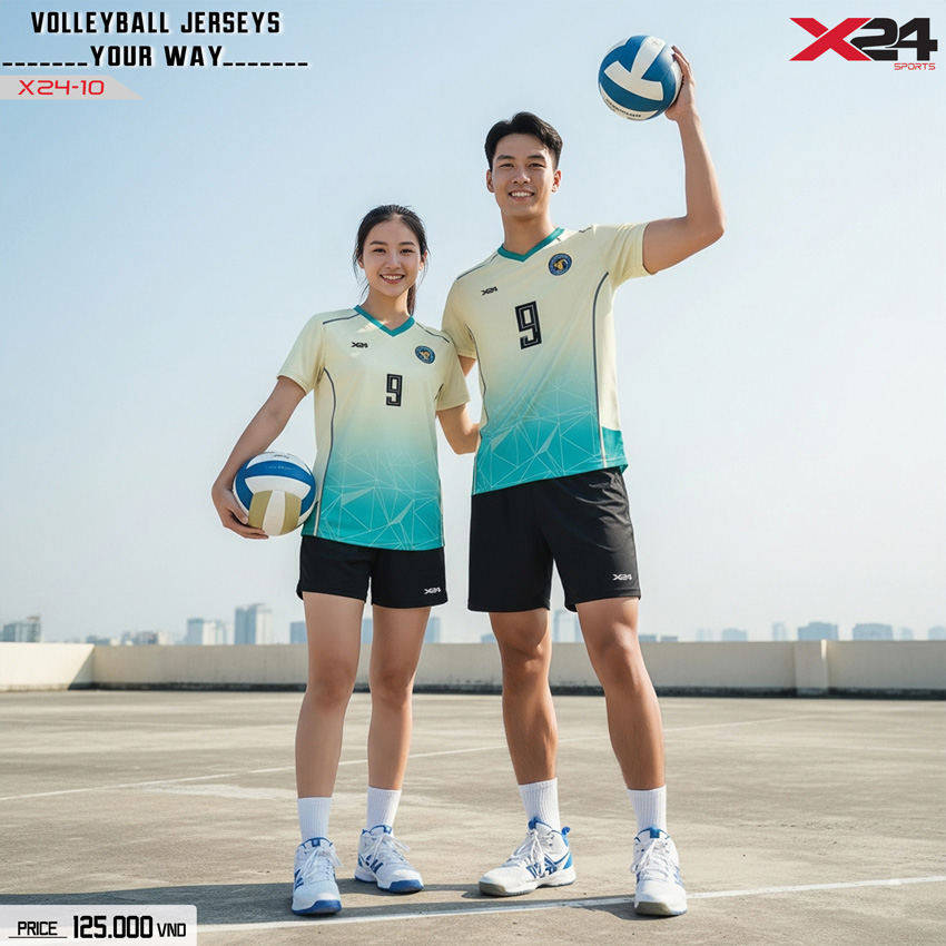 Đồng phục bóng chuyền X24-10 màu kem xanh ngọc thiết kế hiện đại