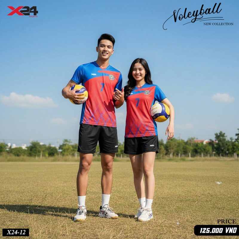 Đồng phục bóng chuyền X24-12 màu đỏ phối xanh dương