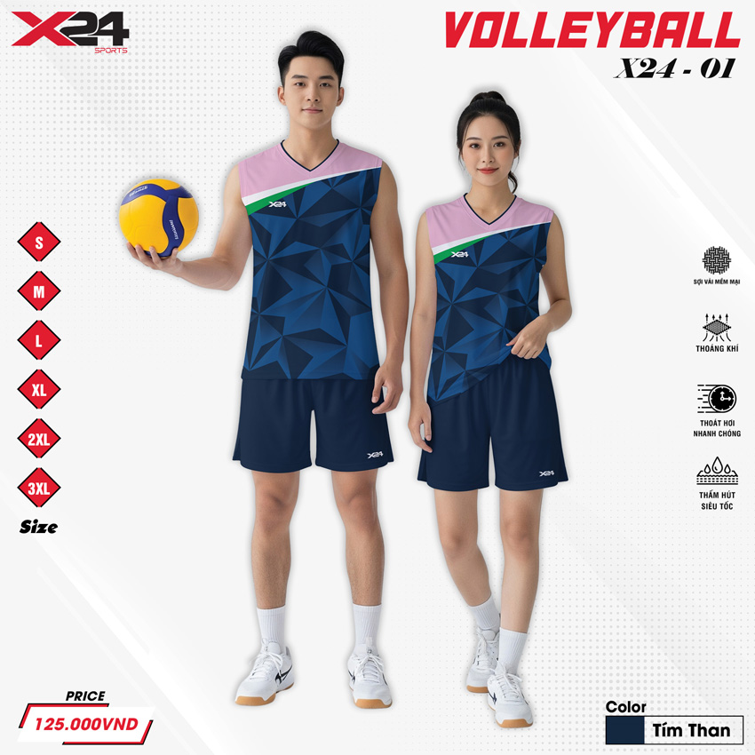 Đồng phục bóng chuyền X24-01 màu tím than thiết kế năng động, thoáng khí