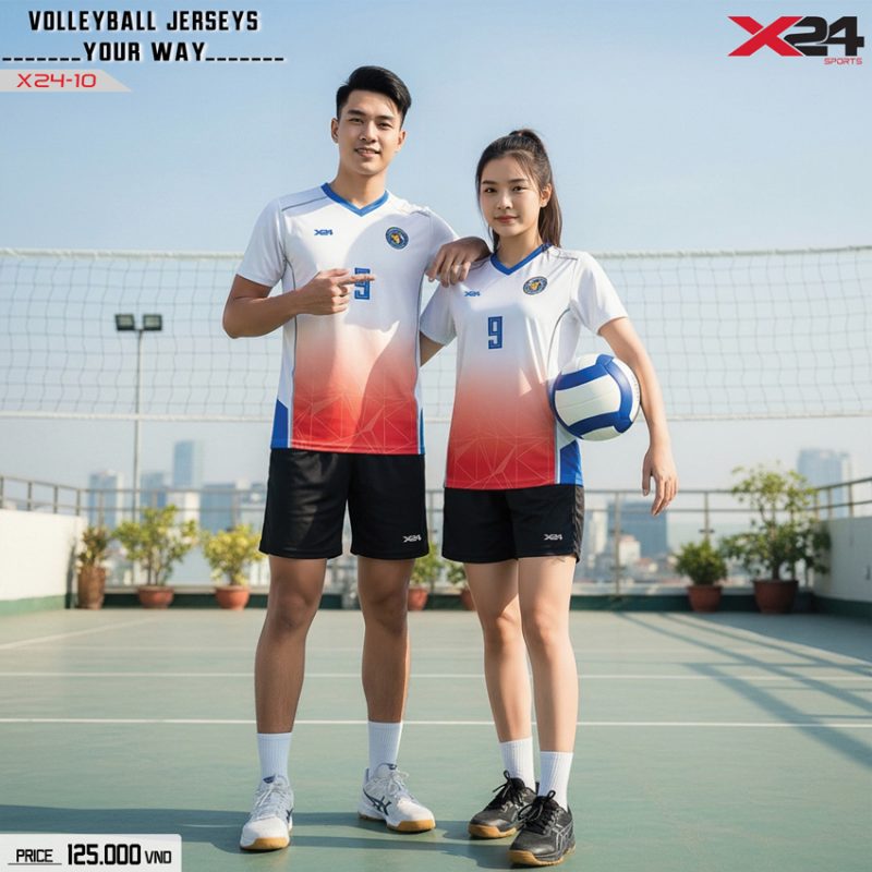 Áo bóng chuyền X24-10 trắng đỏ ombré phối xanh - Thiết kế thể thao năng động cho nam nữ