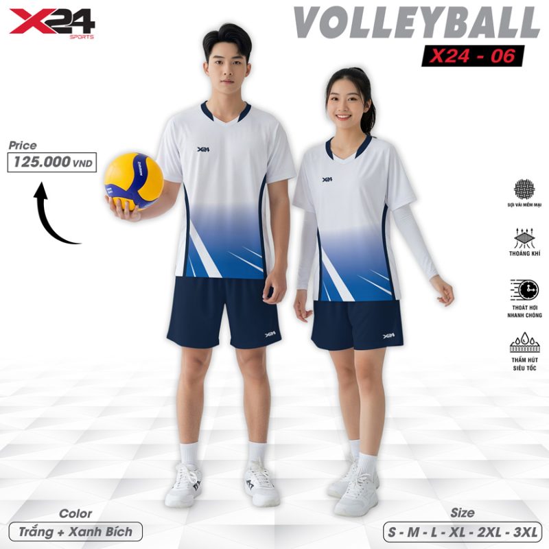 Áo bóng chuyền X24-06 trắng xanh bích – Thiết kế ombre thể thao, vải cao cấp thoáng khí