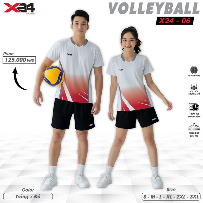 Đồng phục bóng chuyền X24-06 trắng đỏ năng động
