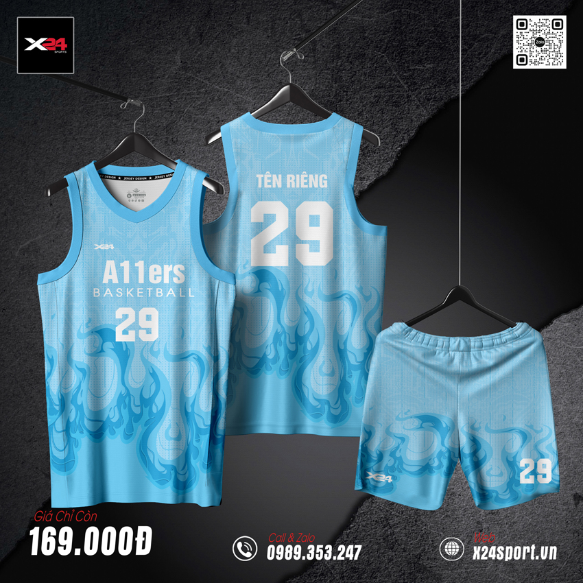 Đồng phục bóng rổ màu xanh baby blue, họa tiết lửa cách điệu, in tên tùy chỉnh