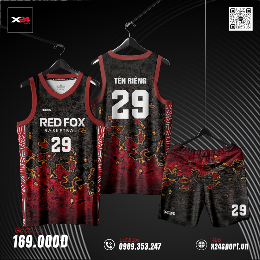 Bộ quần áo bóng rổ RED FOX đen đỏ vàng cam với họa tiết địa hình 3D