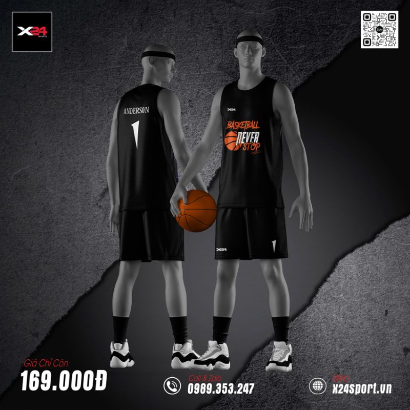 Bộ Quần Áo Bóng Rổ Đen Cam - BASKETBALL NEVER STOP | X24 Sport