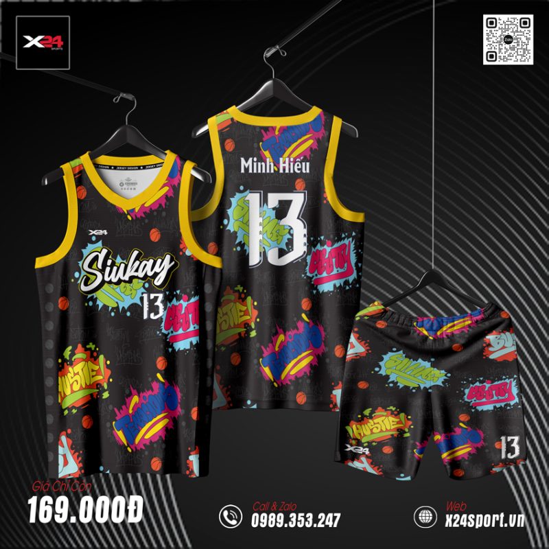 Áo Bóng Rổ Graffiti Đen Viền Vàng Cá Tính