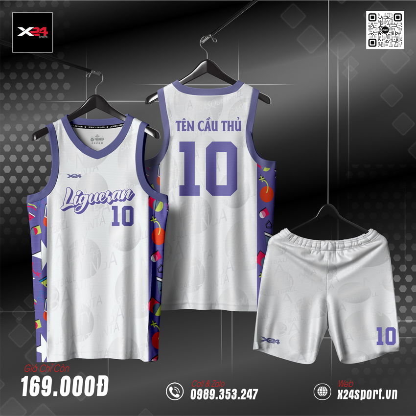 Áo bóng rổ trắng tím pastel kiểu dáng unisex, chất liệu thể thao thoáng khí