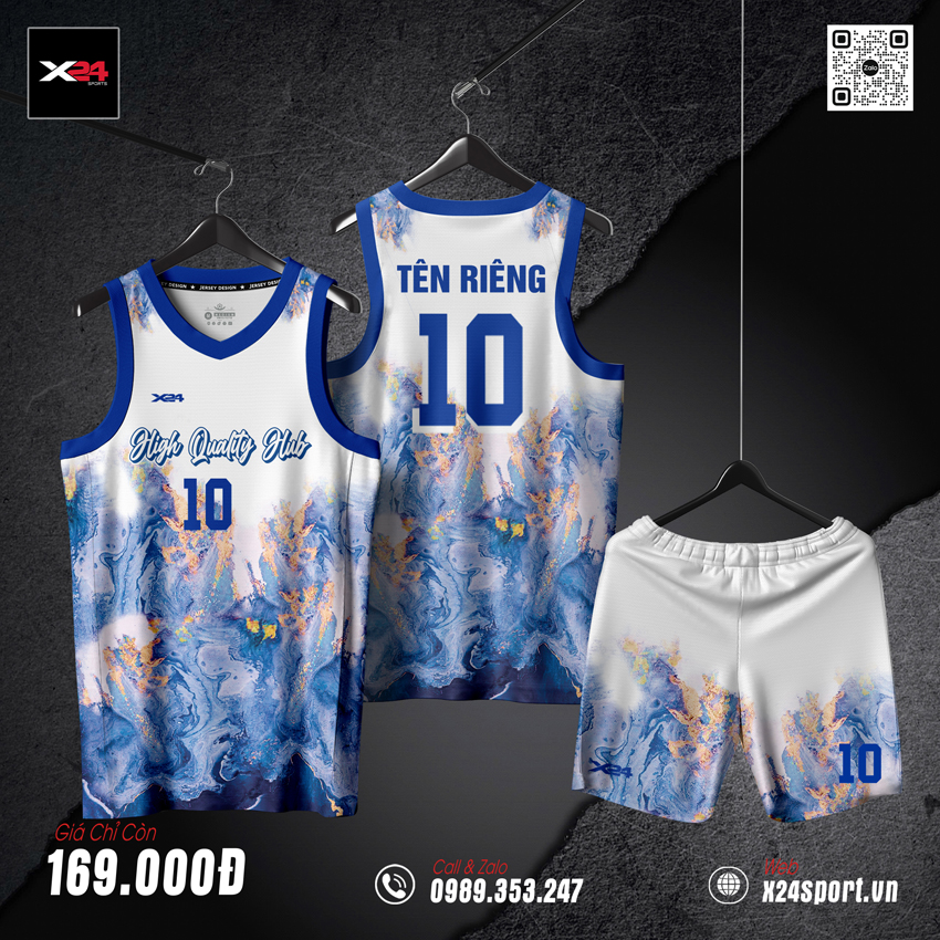 Bộ quần áo bóng rổ phối trắng xanh cam họa tiết vân nước