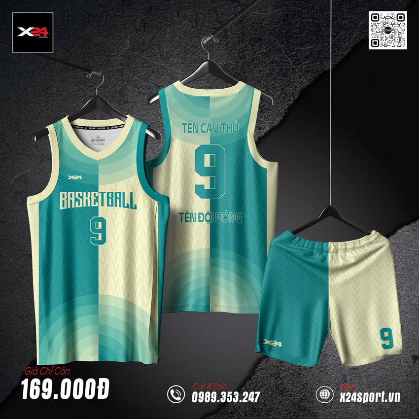 Đồng phục bóng rổ xanh ngọc và kem thiết kế năng động hiện đại