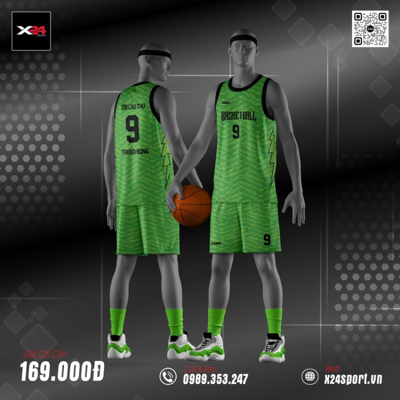 Đồng phục bóng rổ xanh neon họa tiết tia sét - X24 Sport