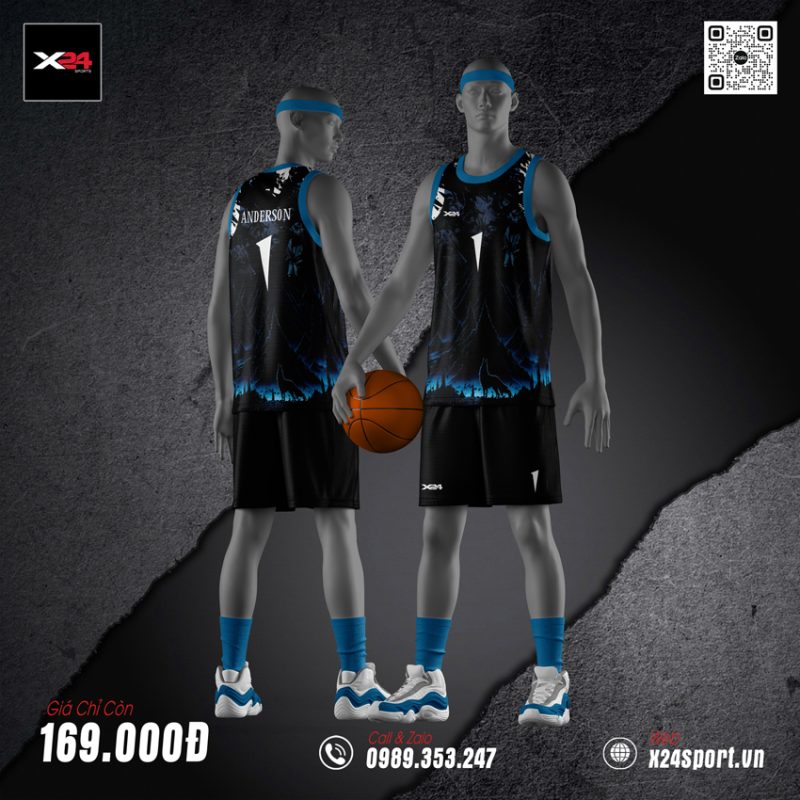 Áo Bóng Rổ Thiết Kế Basic Màu Đen Phối Xanh Dương