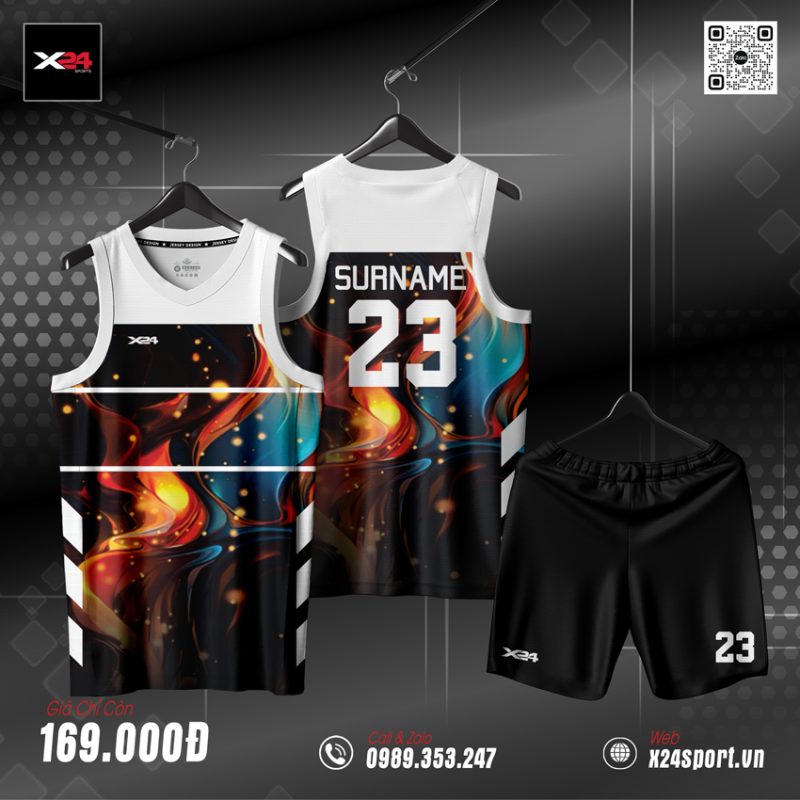 Áo Bóng Rổ Thiết Kế Cá Nhân - Loang Màu Đỏ Cam Xanh Đen Năng Động