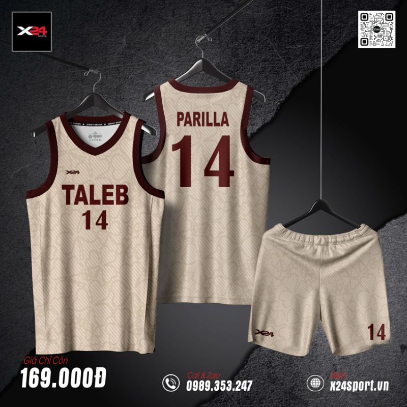 Áo bóng rổ thiết kế màu be sáng phối nâu đỏ – TALEB 14
