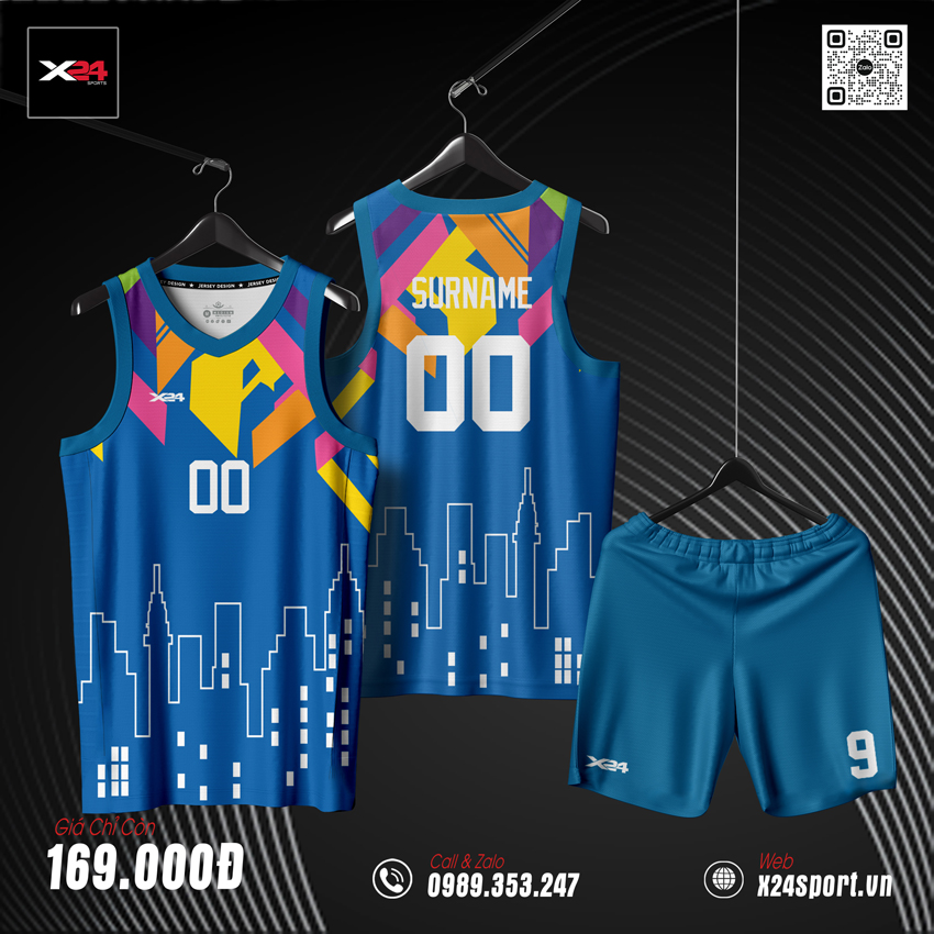 Áo bóng rổ nam màu xanh dương đậm phối skyline viền trắng năng động